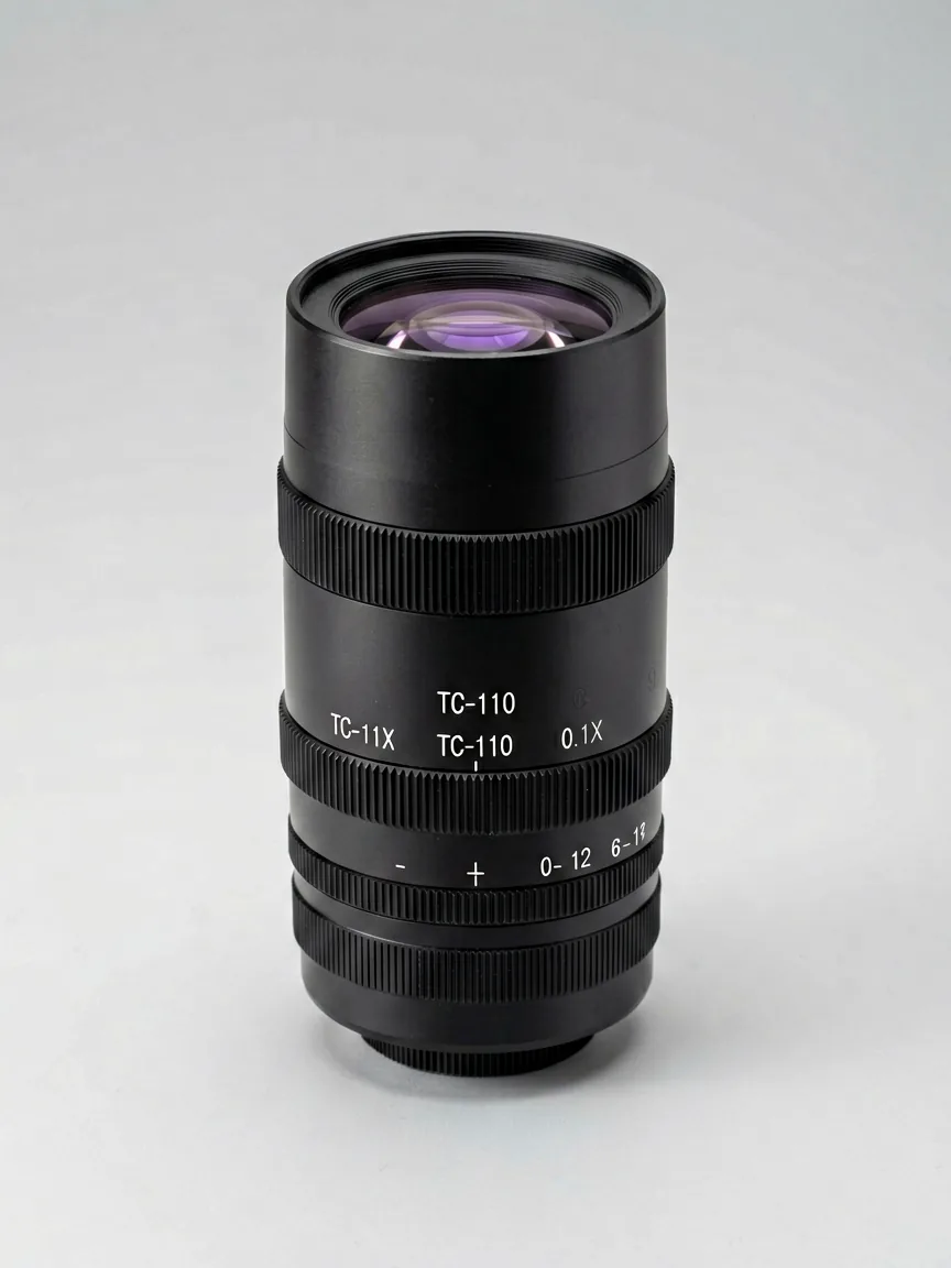 Lensmind telecentric machine vision lens standing catalog photo, long black barrel for high-precision measurement