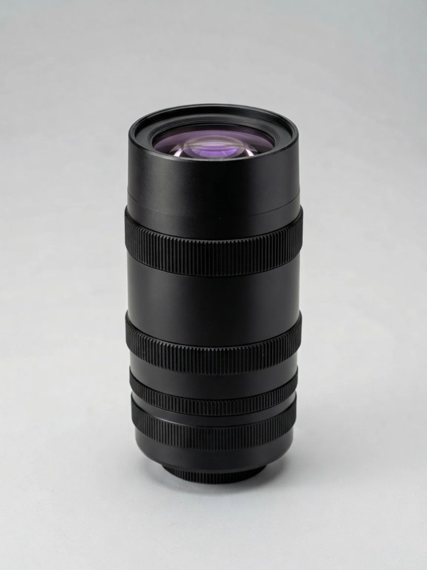 Lensmind custom OEM C-mount prototype lens standing on a studio sweep