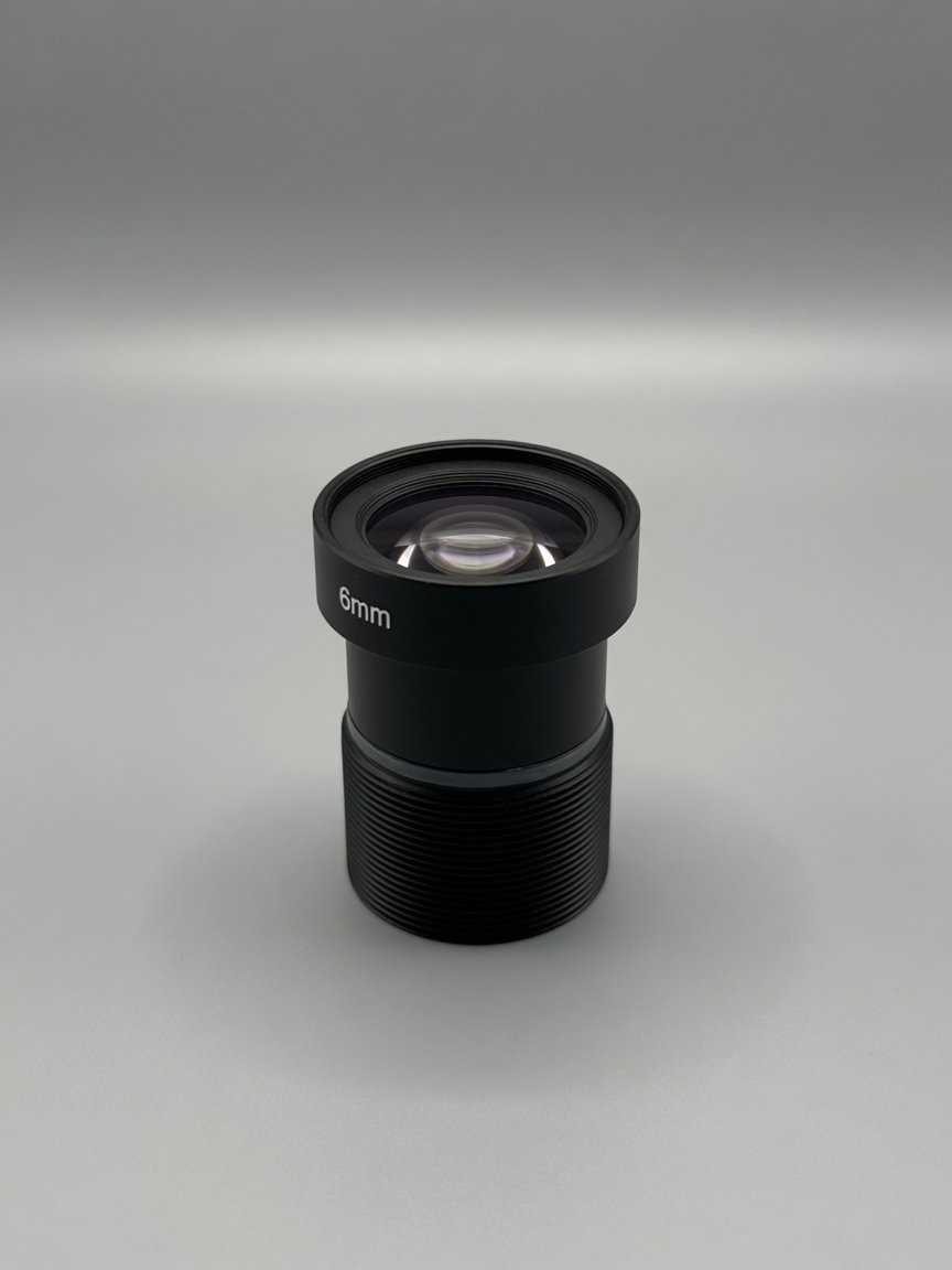 Lensmind 6 mm M12 S-mount industrial lens with full-thread barrel, standing catalog photo