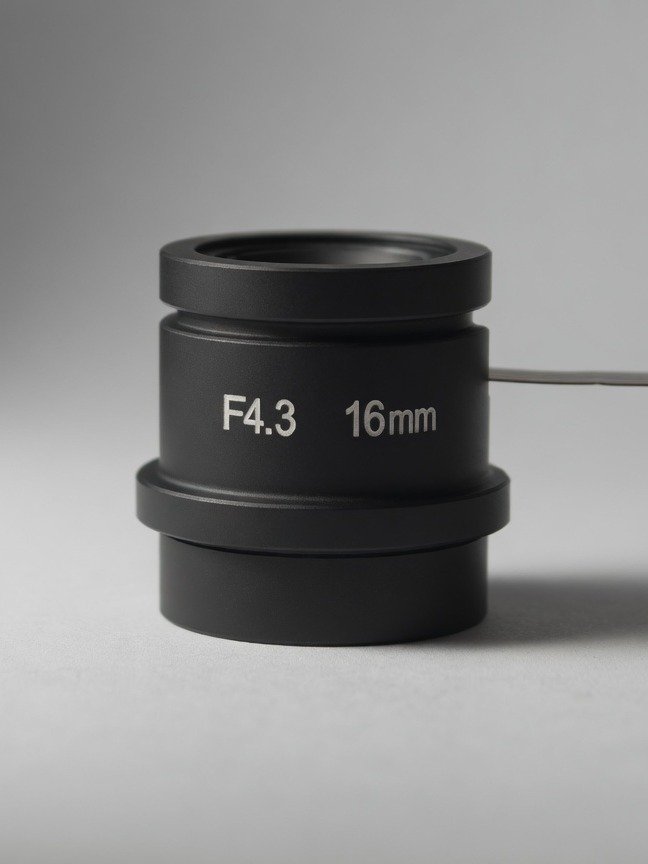 Lensmind LM-M1643AFC 16 mm F4.3 electrowetting liquid autofocus lens, standing catalog photo
